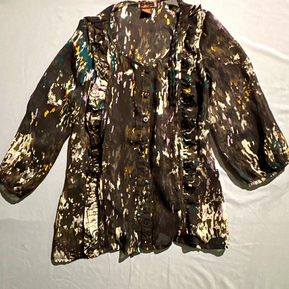 D.M.B.M. Abstract Print Ruffle Button Front Blouse Tie Back Brown Teal Small